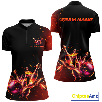 Women's quarter-zip bowling jersey featuring fire flame bowling artwork, premium tournament apparel symbolizing confidence, resilience and championship ambition.