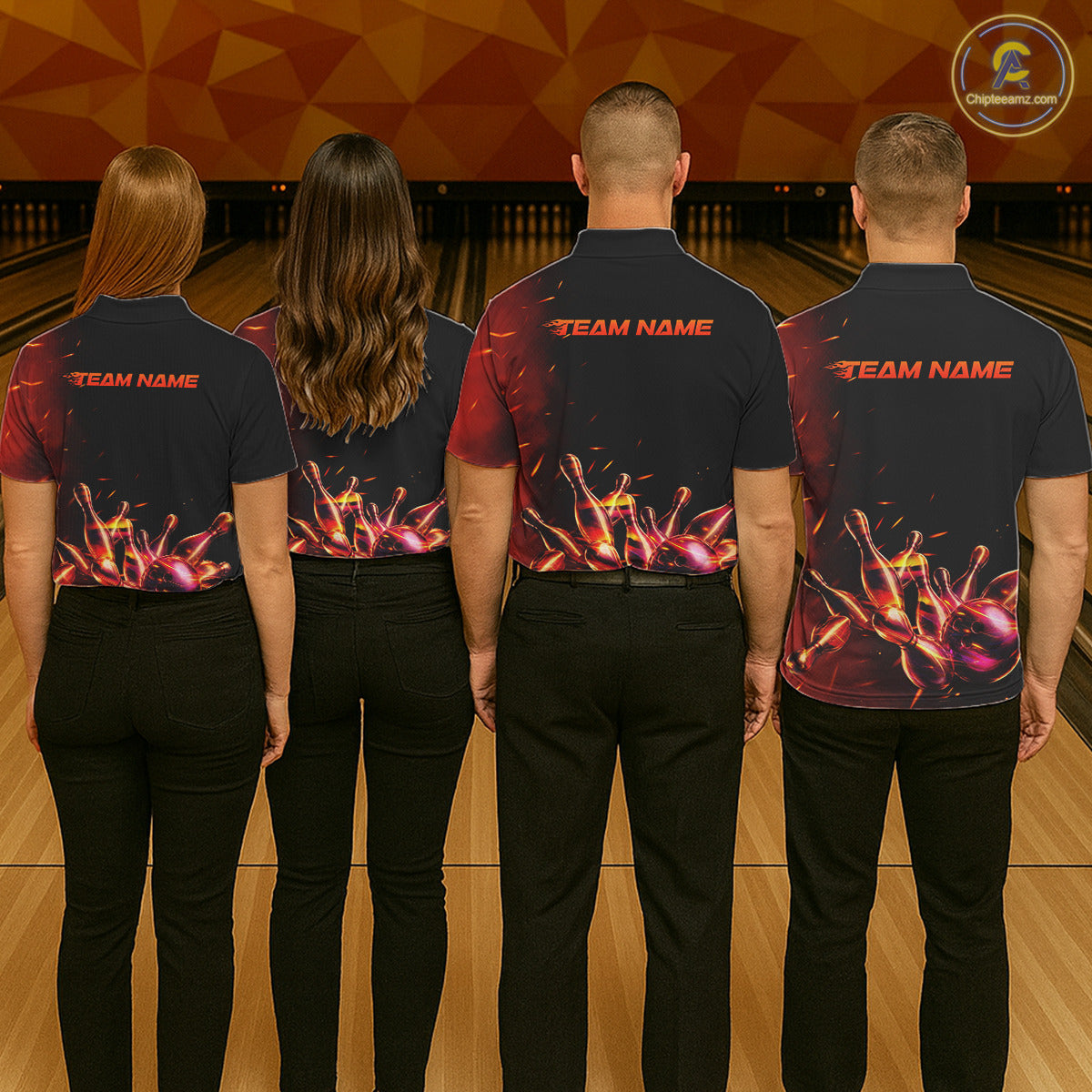Bowling team wearing matching fire flame jerseys during championship play, representing unity, teamwork, passion and championship excellence.