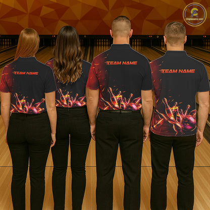 Bowling team wearing matching fire flame jerseys during championship play, representing unity, teamwork, passion and championship excellence.