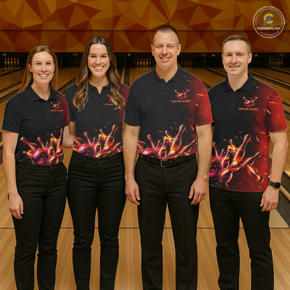 Bowling team wearing matching fire flame jerseys during championship play, representing unity, teamwork, passion and championship excellence.