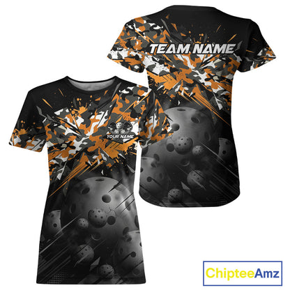 Custom Black & Orange Camo Women Pickleball League Jerseys Grunge Pickleball Paddle Shirts NYN2136