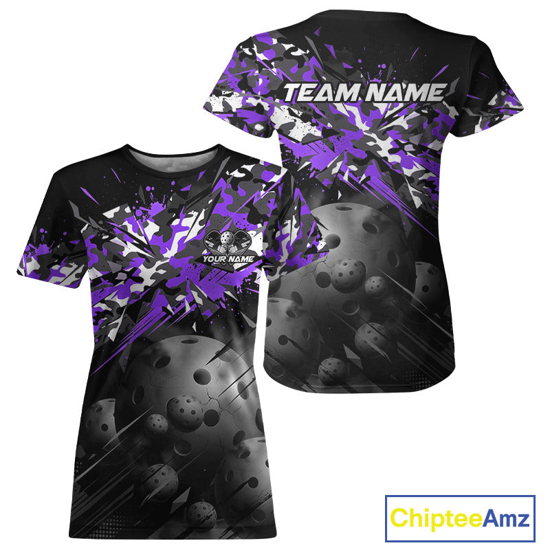 Custom Black & Purple Camo Women Pickleball League Jerseys Grunge Pickleball Paddle Shirts NYN2137