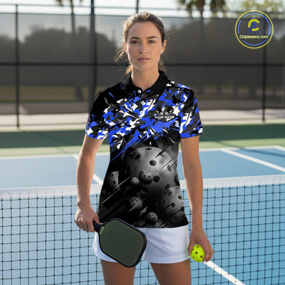 Custom Black & Blue Camo Women Pickleball League Jerseys Grunge Pickleball Paddle Shirts NYN2138