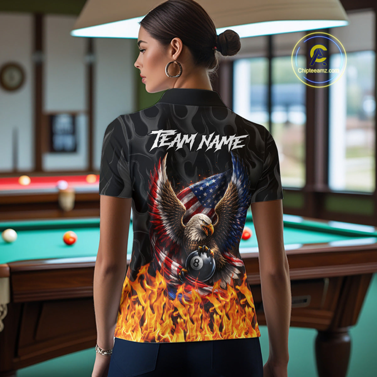 Personalized Fire Flame US Flag Eagle 8 Ball Pool Billiard Shirts For Women Patriotic Billiard Gifts NYN2793