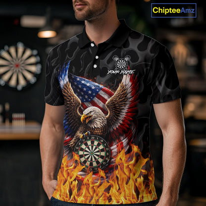 Personalized Fire Flame US Flag Eagle Dart Polo & 1/4-Zip Shirts For Men Patriotic Dart Gifts NYN2795