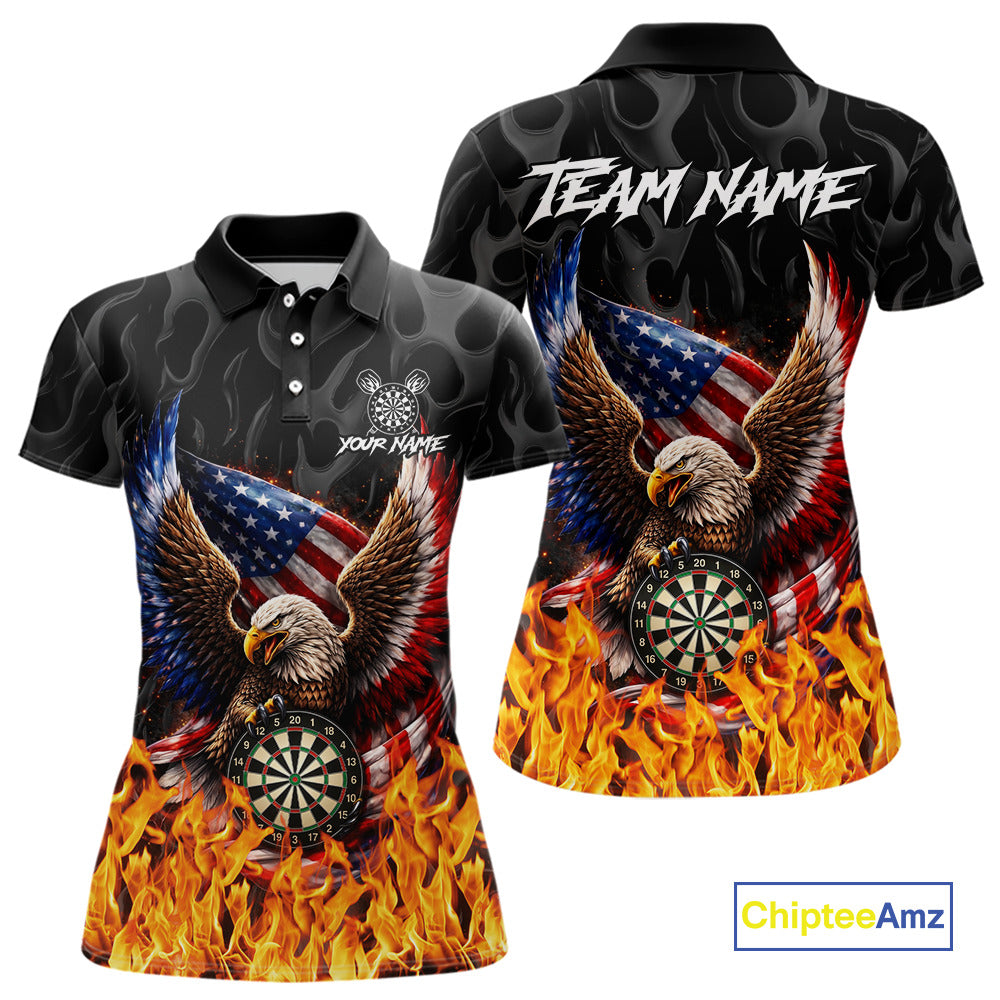 Personalized Fire Flame US Flag Eagle Dart Polo & 1/4-Zip Shirts For Women Patriotic Dart Gifts NYN2795
