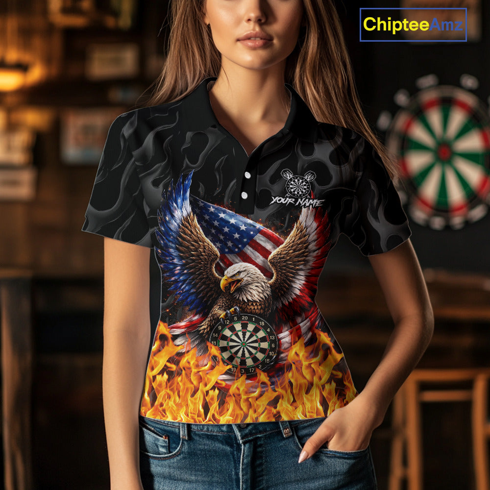 Personalized Fire Flame US Flag Eagle Dart Polo & 1/4-Zip Shirts For Women Patriotic Dart Gifts NYN2795