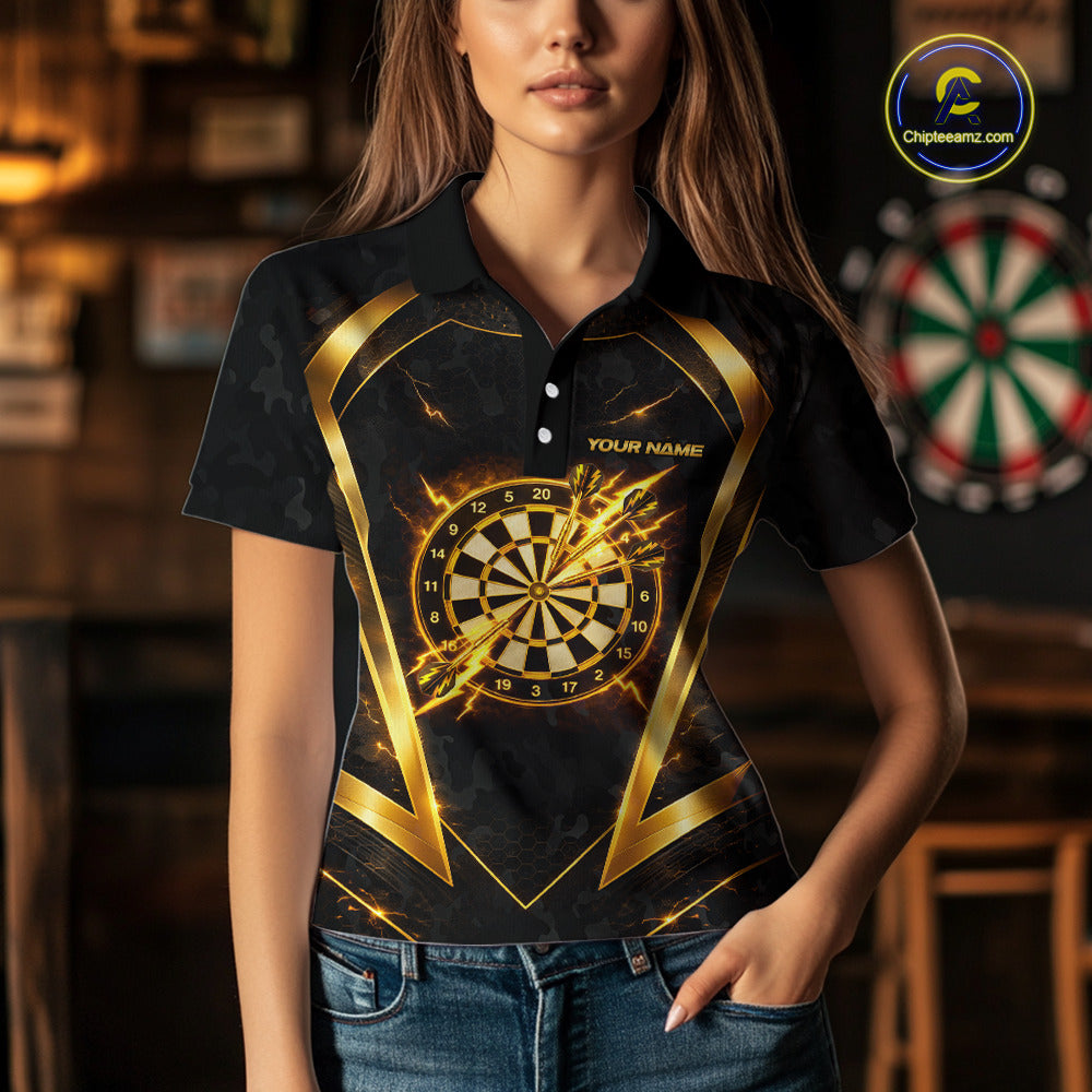 Black Yellow Dartboard Camo Women Darts Polo & 1/4-Zip Shirt Custom Thunder Dart Team Jersey NYN3008