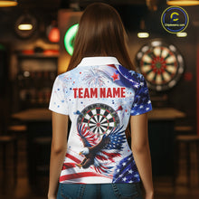 Load image into Gallery viewer, Female model wearing American Flag Eagle darts polo, patriotic women's dart tournament jersey, custom USA league apparel, championship athletic uniform