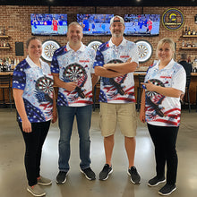 Load image into Gallery viewer, Coordinated American Flag Eagle darts team jerseys for men and women, patriotic USA tournament uniforms, veterans appreciation apparel, custom championship league clothing