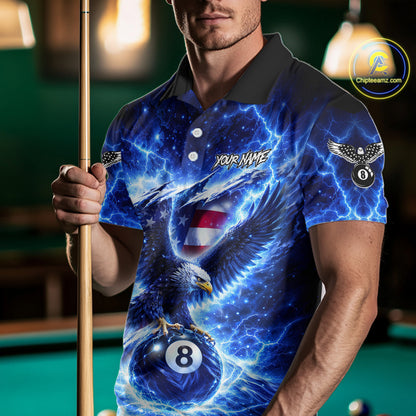 Torn US Flag Thunder Eagle Pool 8 Ball Men Billiard Shirt Custom Patriotic Billiard Apparel|Blue NYN2638