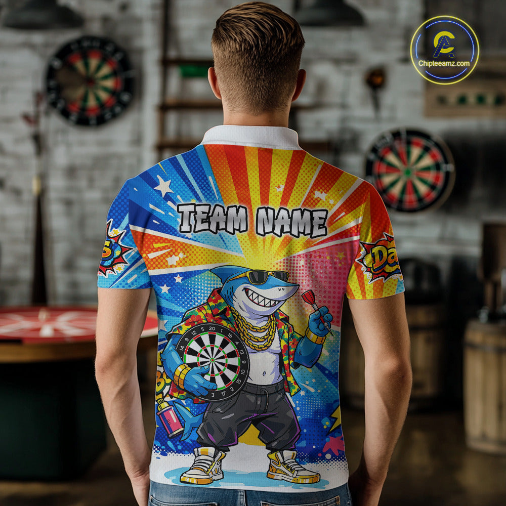 Funny Rich Cool Shark Hold Dartboard Men Darts Polo Shirt Custom Pop Art Dart League Shirt NYN2646