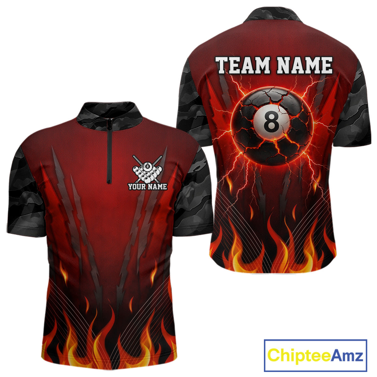 Personalized 8 Ball Red Flames Pool Billiard Polo & 1/4 Zip For Men Custom Camo Billiard Team Jerseys NYN3011
