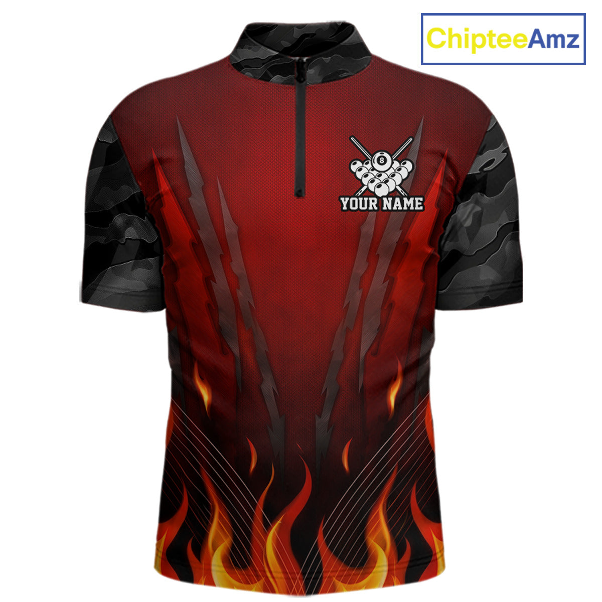 Personalized 8 Ball Red Flames Pool Billiard Polo & 1/4 Zip For Men Custom Camo Billiard Team Jerseys NYN3011
