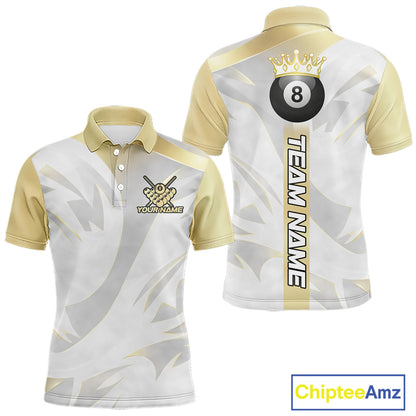 Personalized White And Gold Crown 8 Ball Pool Billiard Polo & 1/4 Zip For Men, Billiard Team Attire NYN3014