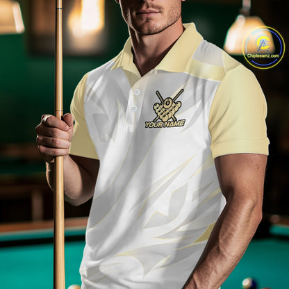 Personalized White And Gold Crown 8 Ball Pool Billiard Polo & 1/4 Zip For Men, Billiard Team Attire NYN3014