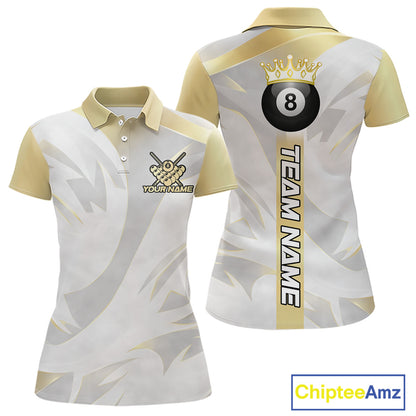 Personalized White And Gold Crown 8 Ball Pool Billiard Polo & 1/4 Zip For Women, Billiard Team Attire NYN3014