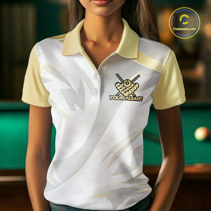 Personalized White And Gold Crown 8 Ball Pool Billiard Polo & 1/4 Zip For Women, Billiard Team Attire NYN3014