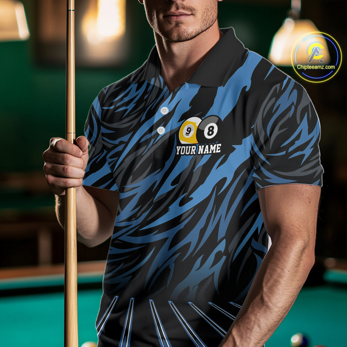 Funny 8 Ball & 9 Ball Billiard Polo & 1/4 Zip For Men Custom Pool Cue Pattern Billiard Jerseys |Blue NYN3018