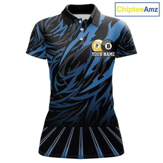Funny 8 Ball & 9 Ball Billiard Polo & 1/4 Zip For Women Custom Pool Cue Pattern Billiard Jerseys |Blue NYN3018