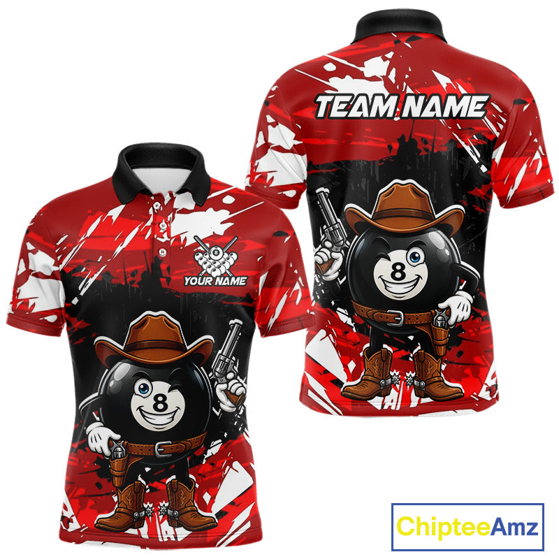 Funny billiard 8 ball cowboy gun shirt for men custom grunge billiard team attire red