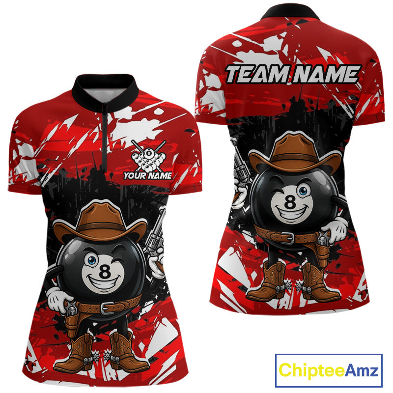 Funny billiard 8 ball cowboy gun shirt for women custom grunge pool team jersey red
