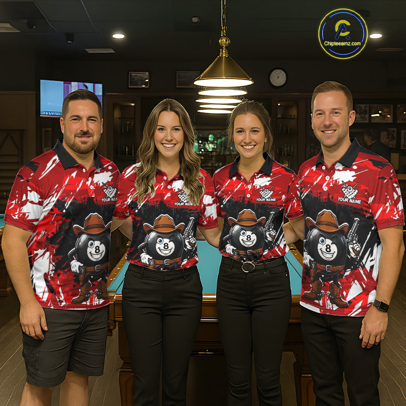 Funny Billiard 8 Ball Cowboy Gun Shirt For Men Custom Grunge Billiard Team Attire | Red NYN3435