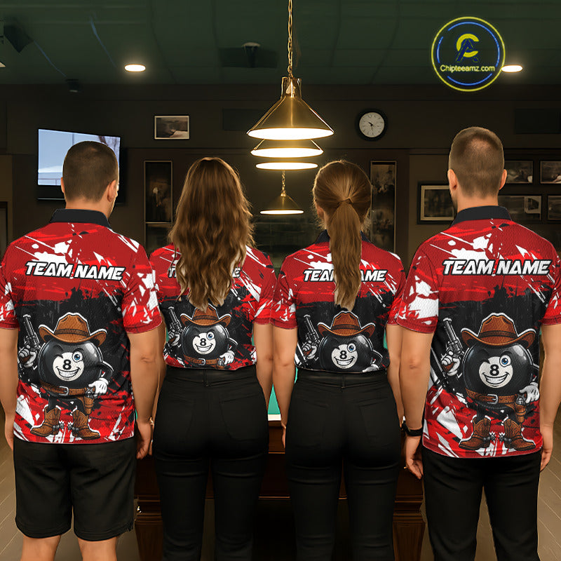 Funny Billiard 8 Ball Cowboy Gun Shirt For Men Custom Grunge Billiard Team Attire | Red NYN3435