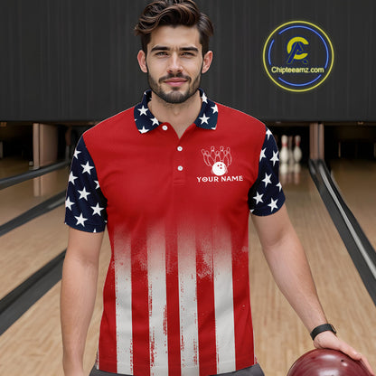 Custom American Flag Bowling Men Polo Quarter-Zip Shirts With Team Name, Patriot Bowlers Outfit NYN3184