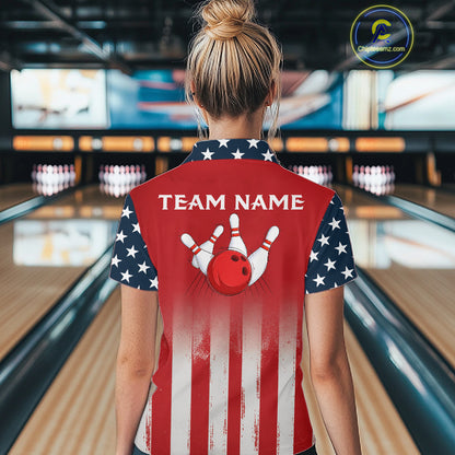 Custom American Flag Bowling Women Polo Quarter-Zip Shirts With Team Name, Patriot Bowlers Outfit NYN3184