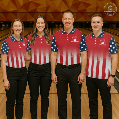 Custom American Flag Bowling Men Polo Quarter-Zip Shirts With Team Name, Patriot Bowlers Outfit NYN3184