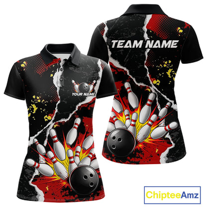 Grunge Black & Red Strike Bowling Ball & Pins Shirts For Women Personalized Bowling Team Outfits NYN3186