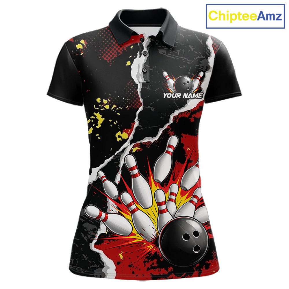 Grunge Black & Red Strike Bowling Ball & Pins Shirts For Women Personalized Bowling Team Outfits NYN3186