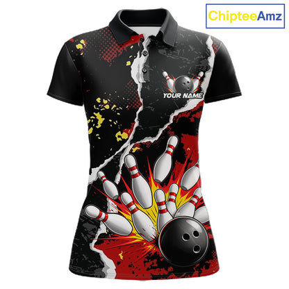 Grunge Black & Red Strike Bowling Ball & Pins Shirts For Women Personalized Bowling Team Outfits NYN3186