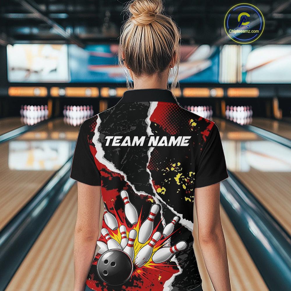 Grunge Black & Red Strike Bowling Ball & Pins Shirts For Women Personalized Bowling Team Outfits NYN3186