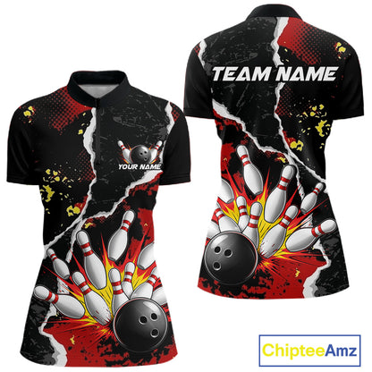 Grunge Black & Red Strike Bowling Ball & Pins Shirts For Women Personalized Bowling Team Outfits NYN3186
