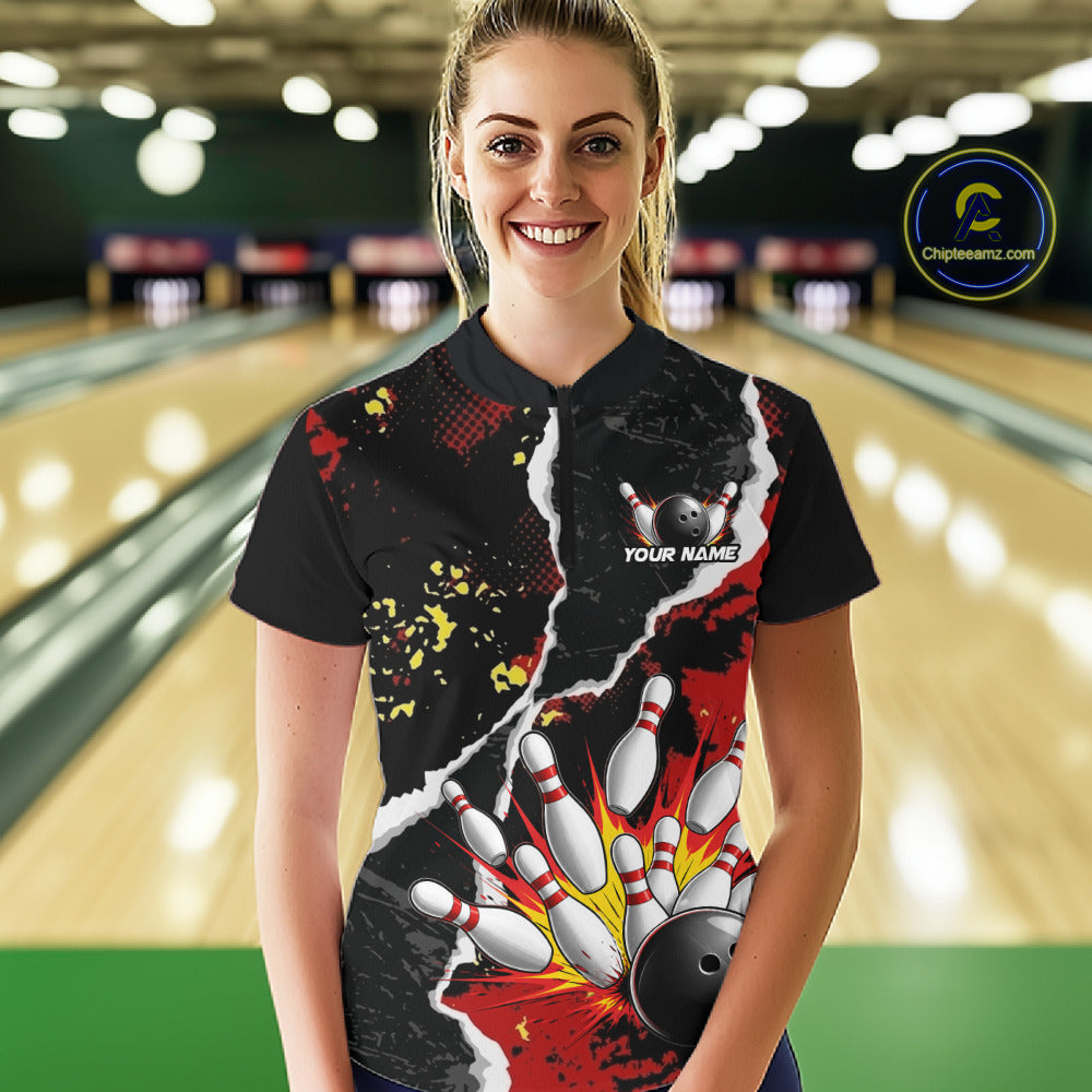 Grunge Black & Red Strike Bowling Ball & Pins Shirts For Women Personalized Bowling Team Outfits NYN3186