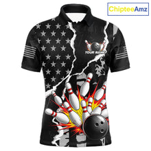 Load image into Gallery viewer, Grunge Black US Flag Strike Bowling Ball &amp; Pins Shirts  For Men Custom Patriot Bowling Team Outfits NYN3186