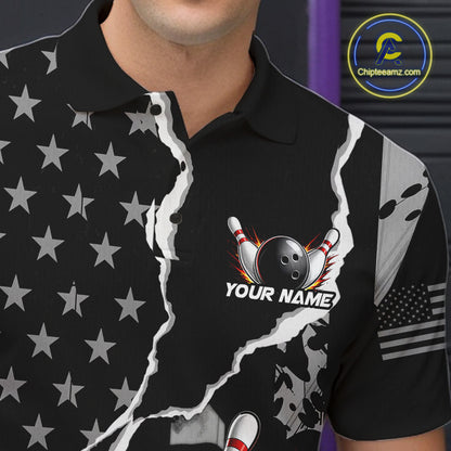 Grunge Black US Flag Strike Bowling Ball & Pins Shirts  For Men Custom Patriot Bowling Team Outfits NYN3186
