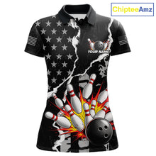 Load image into Gallery viewer, Grunge Black US Flag Strike Bowling Ball &amp; Pins Shirts  For Women Custom Patriot Bowling Team Outfits NYN3186