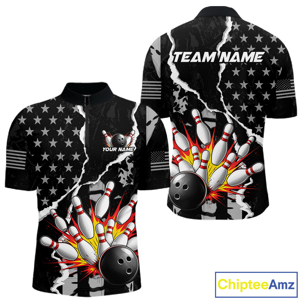 Grunge Black US Flag Strike Bowling Ball & Pins Shirts  For Men Custom Patriot Bowling Team Outfits NYN3186