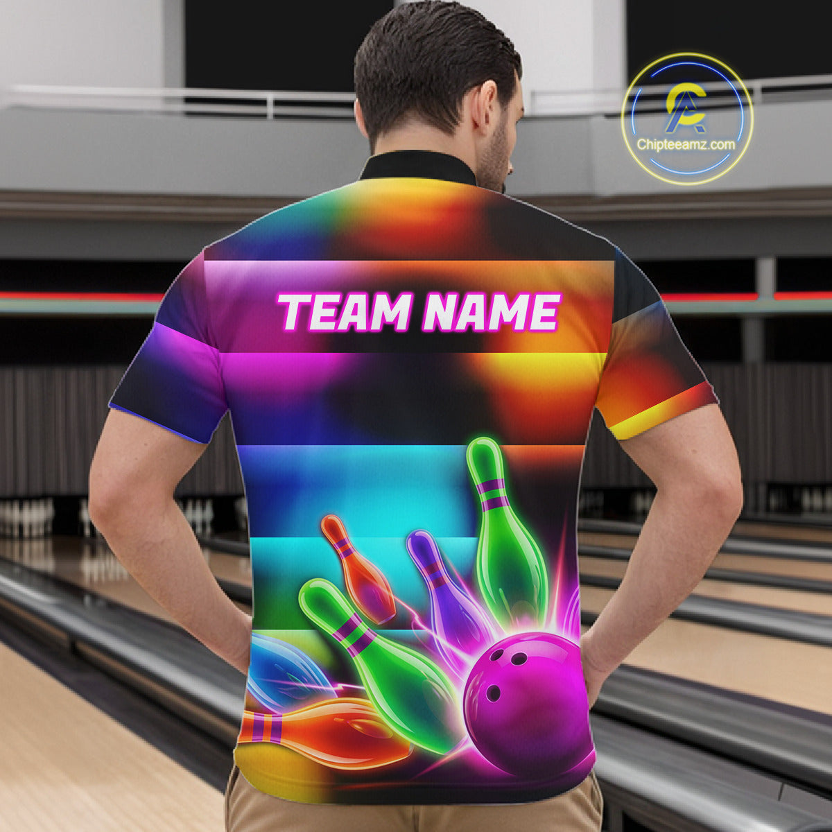 Mens Neon Light Bowling Team Shirts Personalized Colorful Ball & Pins Bowling Attire NYN3449