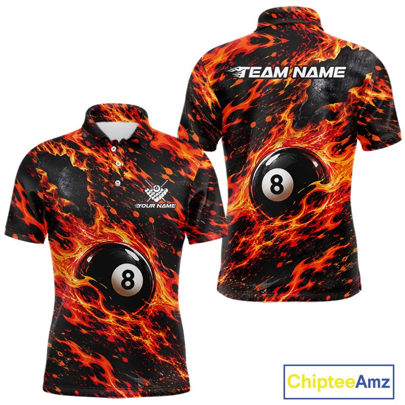 Fire Flame 8 Ball Pool Shirt For Men Custom Billiard League Team Polo & 1/4 Zip Jersey | Red NYN4023