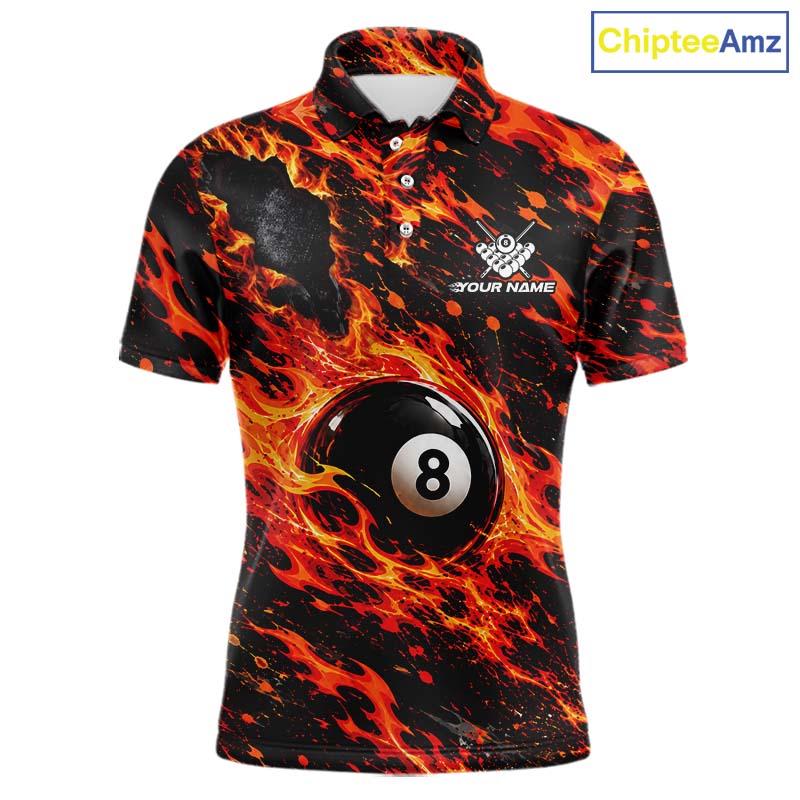 Fire Flame 8 Ball Pool Shirt For Men Custom Billiard League Team Polo & 1/4 Zip Jersey | Red NYN4023