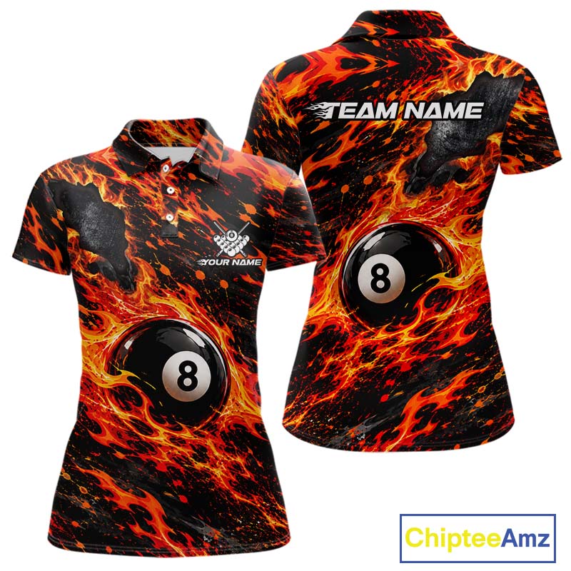 Fire Flame 8 Ball Pool Shirt For Women Custom Billiard League Team Polo & 1/4 Zip Jersey | Red NYN4023