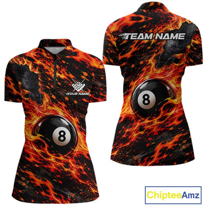Fire Flame 8 Ball Pool Shirt For Women Custom Billiard League Team Polo & 1/4 Zip Jersey | Red NYN4023
