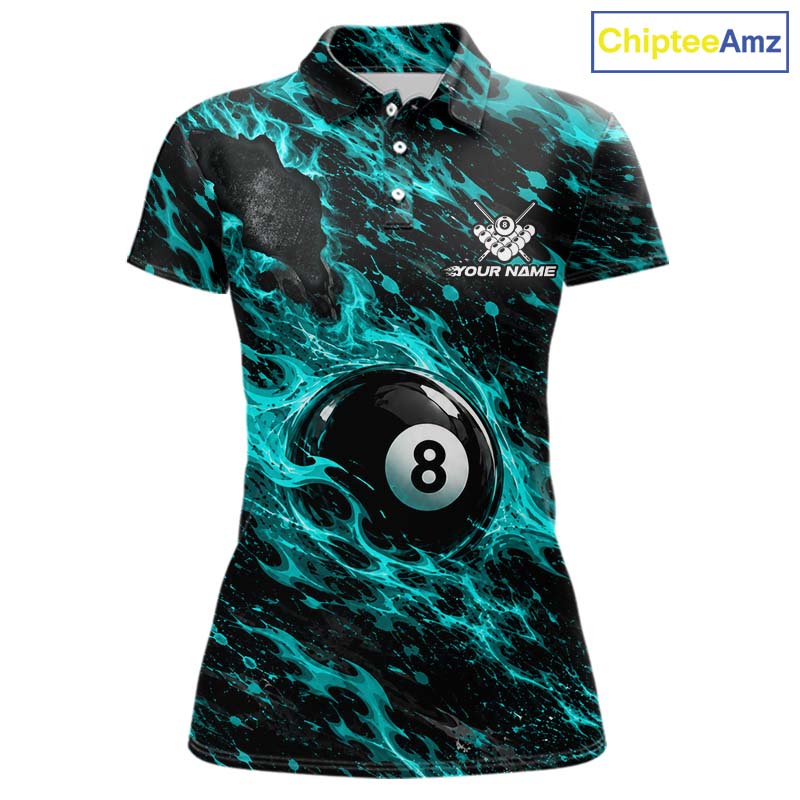 Fire Flame 8 Ball Pool Shirt For Women Custom Billiard League Team Polo & 1/4 Zip Jersey | Teal NYN4024