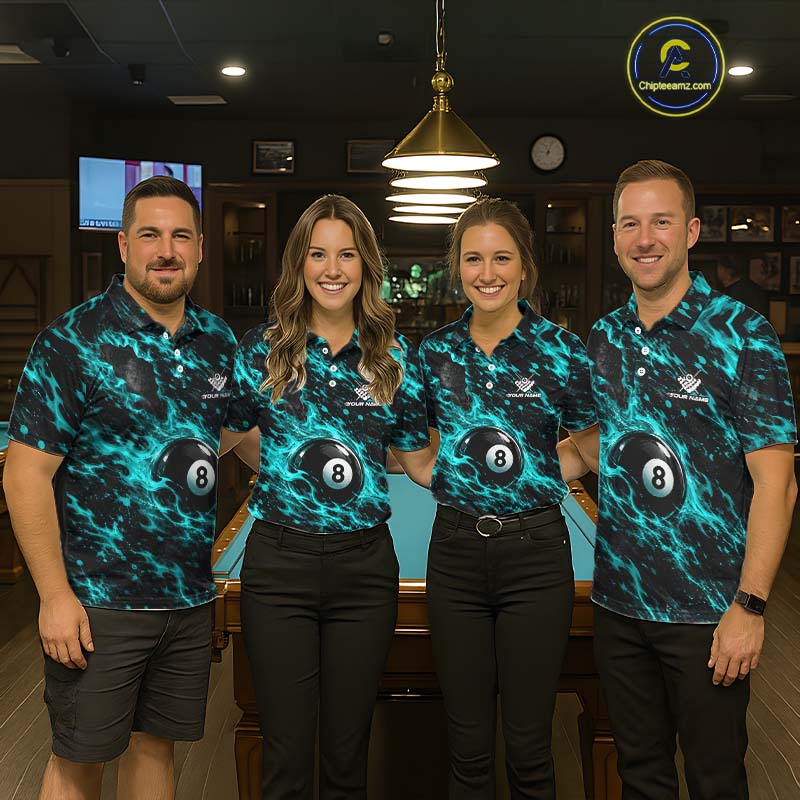 Fire Flame 8 Ball Pool Shirt For Women Custom Billiard League Team Polo & 1/4 Zip Jersey | Teal NYN4024
