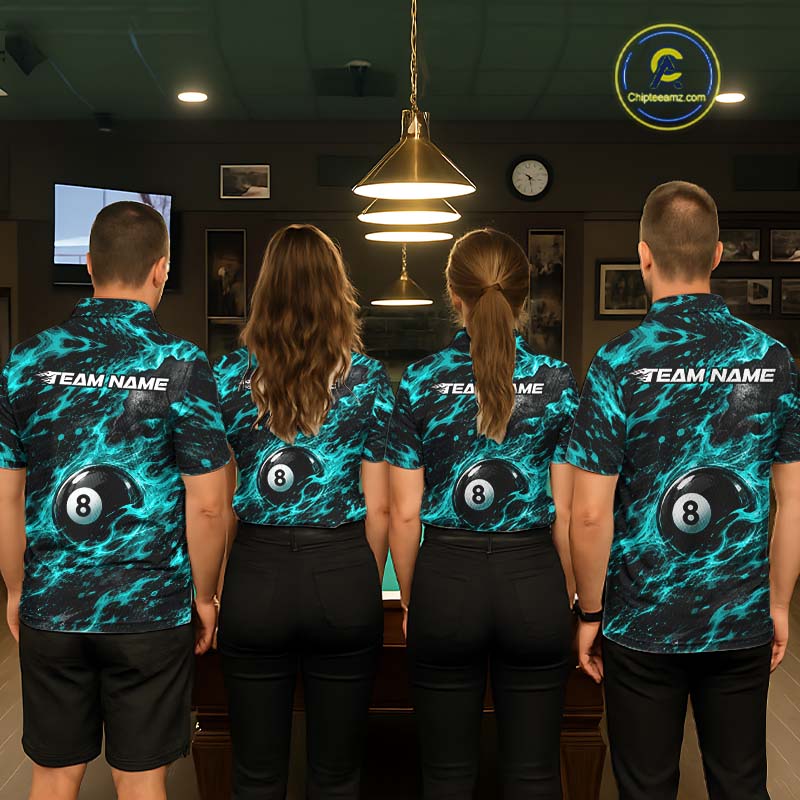 Fire Flame 8 Ball Pool Shirt For Women Custom Billiard League Team Polo & 1/4 Zip Jersey | Teal NYN4024