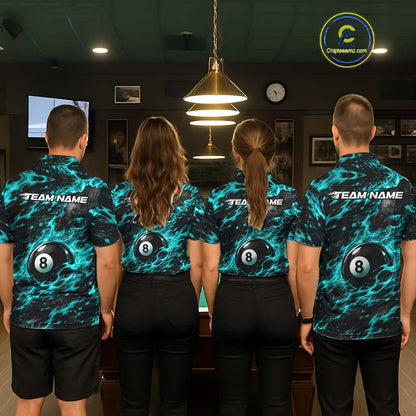 Fire Flame 8 Ball Pool Shirt For Women Custom Billiard League Team Polo & 1/4 Zip Jersey | Teal NYN4024